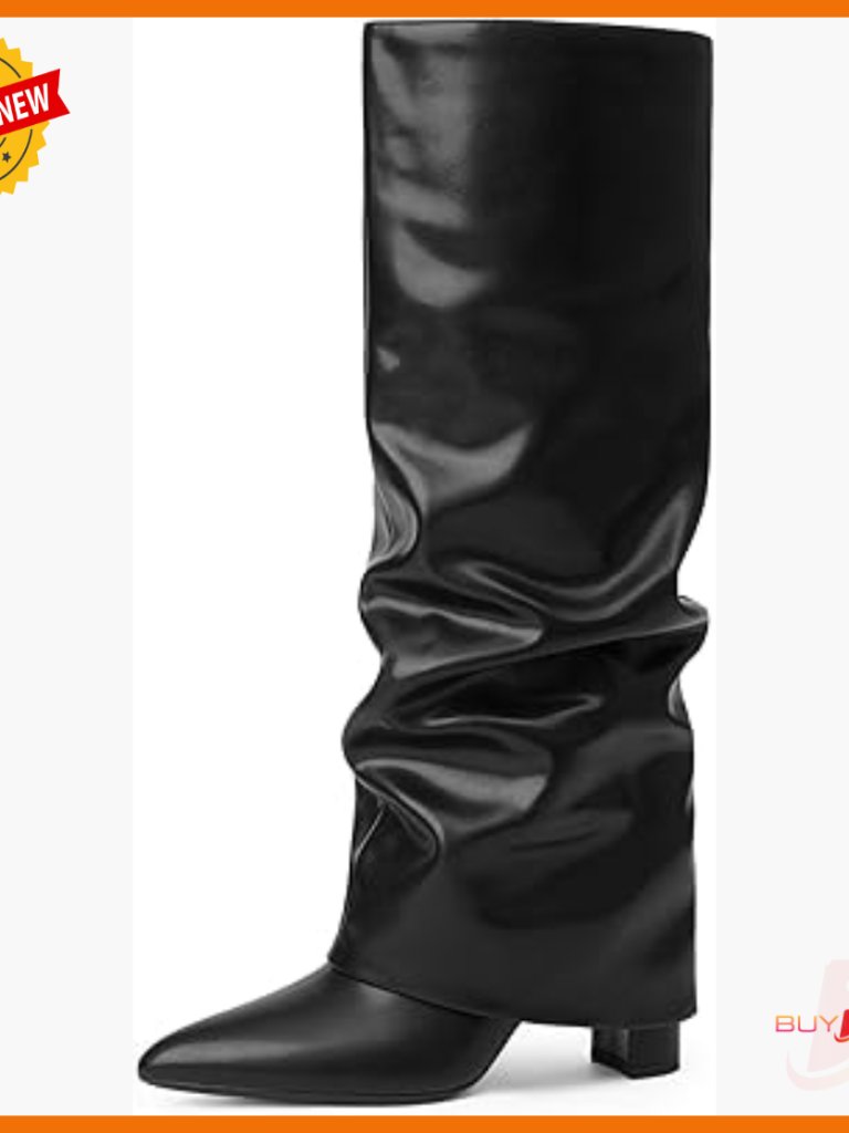 Knee High Boots With Chunky Heel, Fold Over Design, Pointed Toe, Wide Calf
